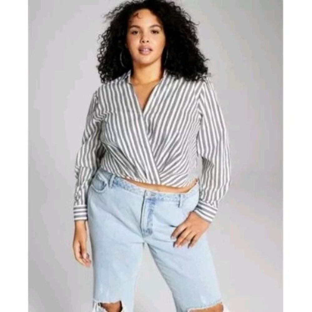 And Now This Womens Plus Size 1X Cotton Black White Faux Wrap Poplin Blouse New